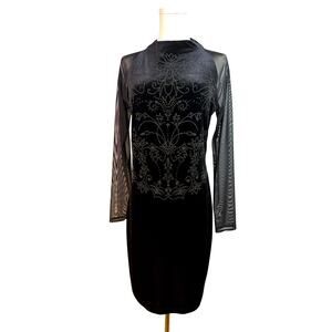 Vintage 90s Robbie Bee Black Velvet Beaded Mesh Dress Whimsigoth Vamp Witchy